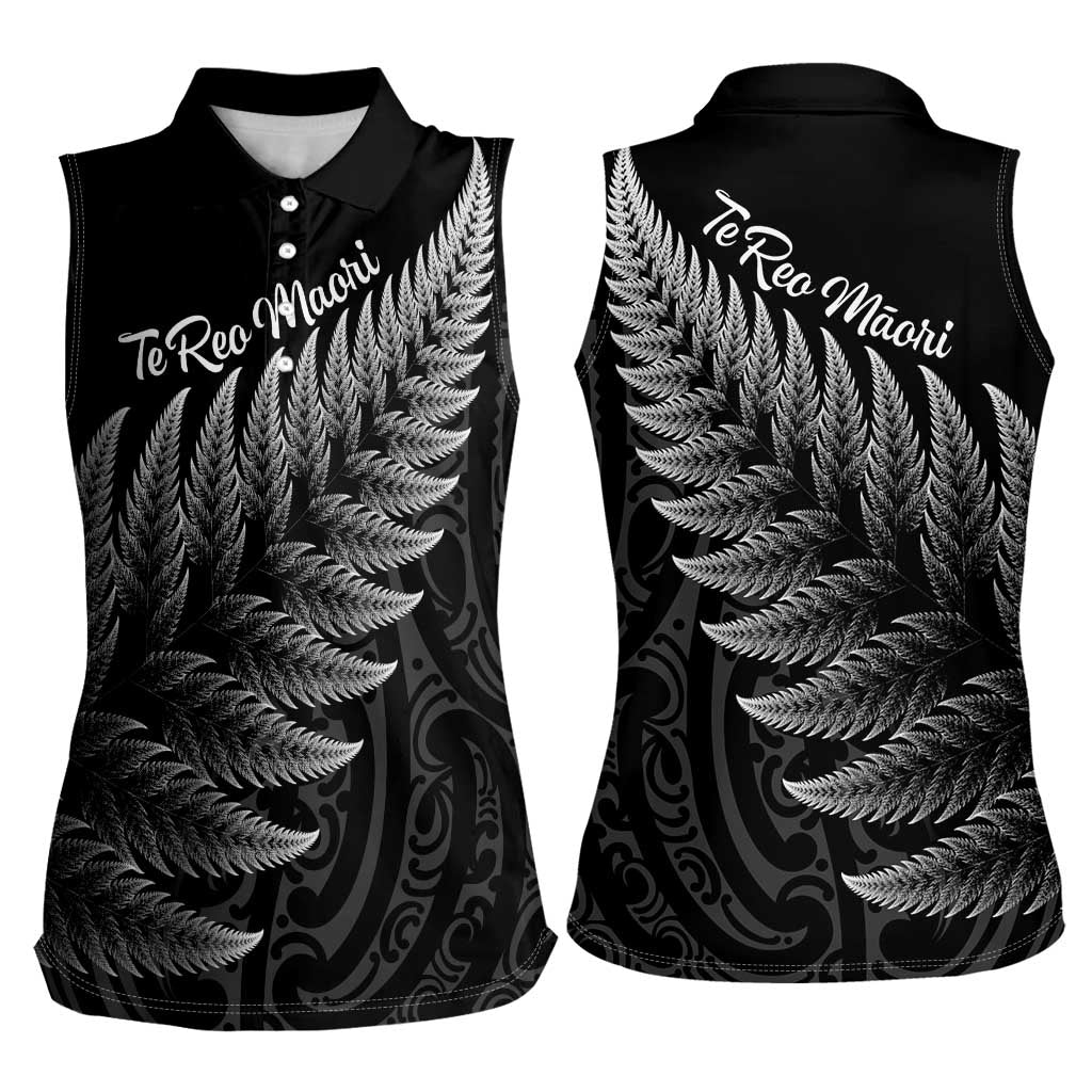 New Zealand Te Reo Mori Women Sleeveless Polo Shirt Simple Black Fern LT9 - Polynesian Pride
