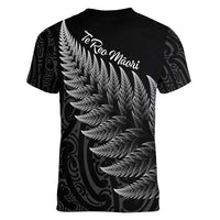 New Zealand Te Reo Mori Women V-Neck T-Shirt Simple Black Fern LT9 - Polynesian Pride