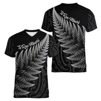 New Zealand Te Reo Mori Women V-Neck T-Shirt Simple Black Fern LT9 - Polynesian Pride
