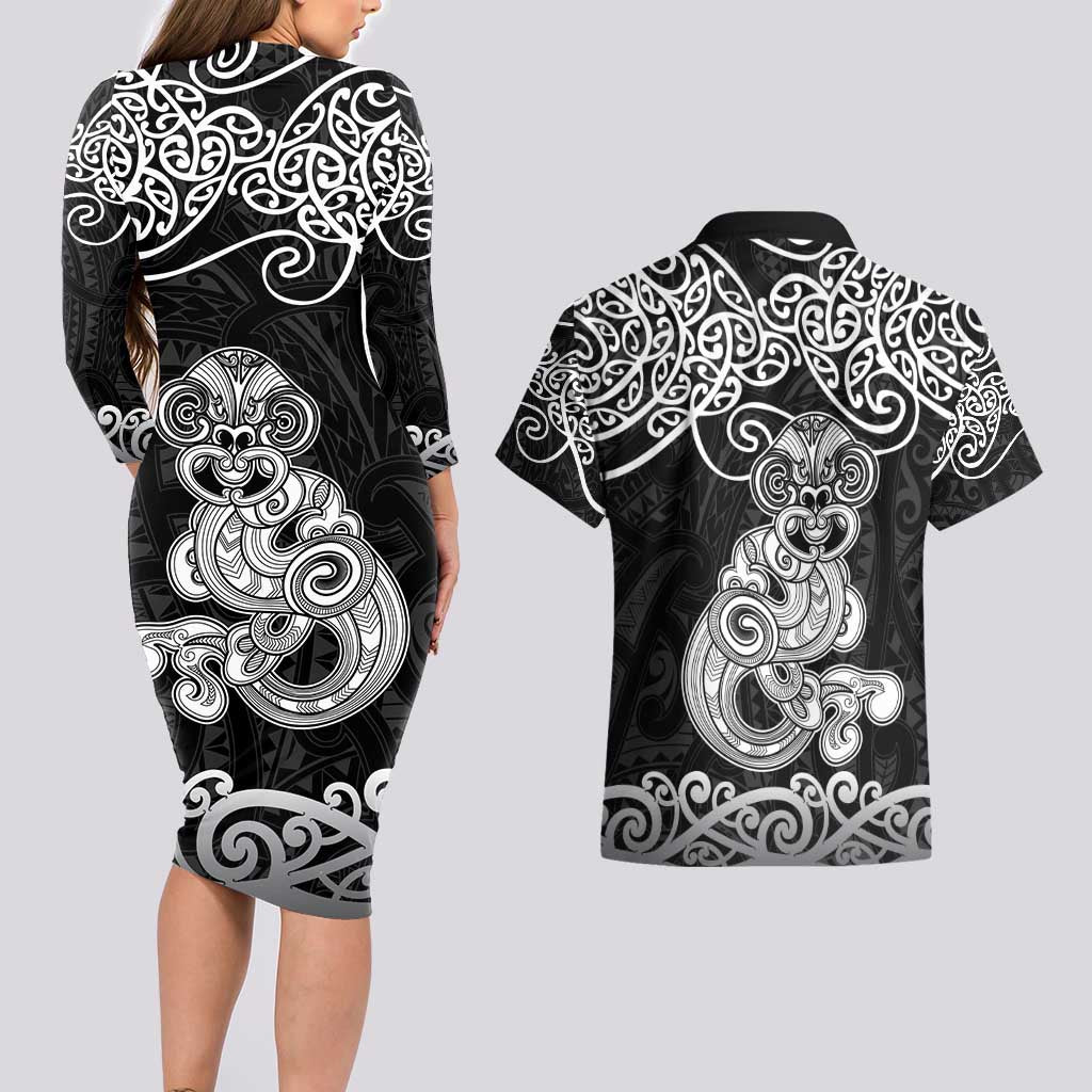 Te Reo Maori Tiki Inspired Art Couples Matching Long Sleeve Bodycon Dress and Hawaiian Shirt LT9 - Polynesian Pride