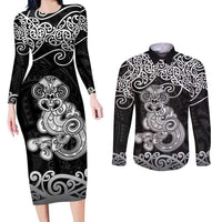 Te Reo Maori Tiki Inspired Art Couples Matching Long Sleeve Bodycon Dress and Long Sleeve Button Shirt LT9 Black - Polynesian Pride