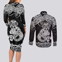 Te Reo Maori Tiki Inspired Art Couples Matching Long Sleeve Bodycon Dress and Long Sleeve Button Shirt LT9 - Polynesian Pride