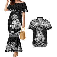 Te Reo Maori Tiki Inspired Art Couples Matching Mermaid Dress and Hawaiian Shirt LT9 Black - Polynesian Pride