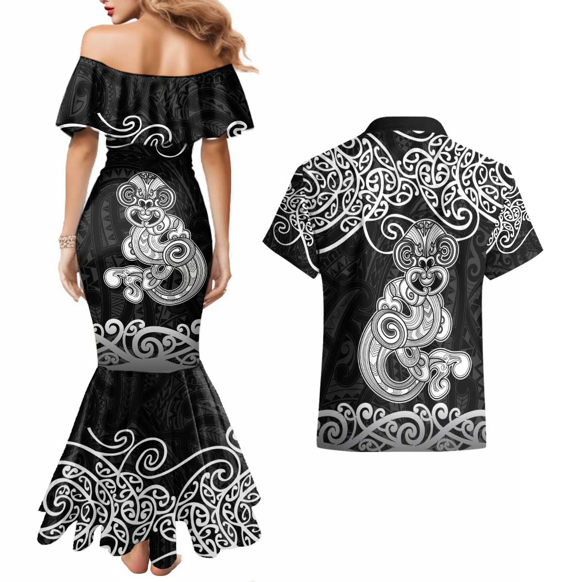 Te Reo Maori Tiki Inspired Art Couples Matching Mermaid Dress and Hawaiian Shirt LT9 - Polynesian Pride