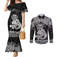 Te Reo Maori Tiki Inspired Art Couples Matching Mermaid Dress and Long Sleeve Button Shirt LT9 Black - Polynesian Pride