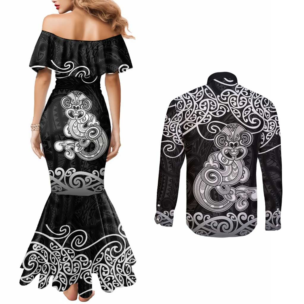 Te Reo Maori Tiki Inspired Art Couples Matching Mermaid Dress and Long Sleeve Button Shirt LT9 - Polynesian Pride
