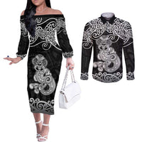 Te Reo Maori Tiki Inspired Art Couples Matching Off The Shoulder Long Sleeve Dress and Long Sleeve Button Shirt LT9 Black - Polynesian Pride