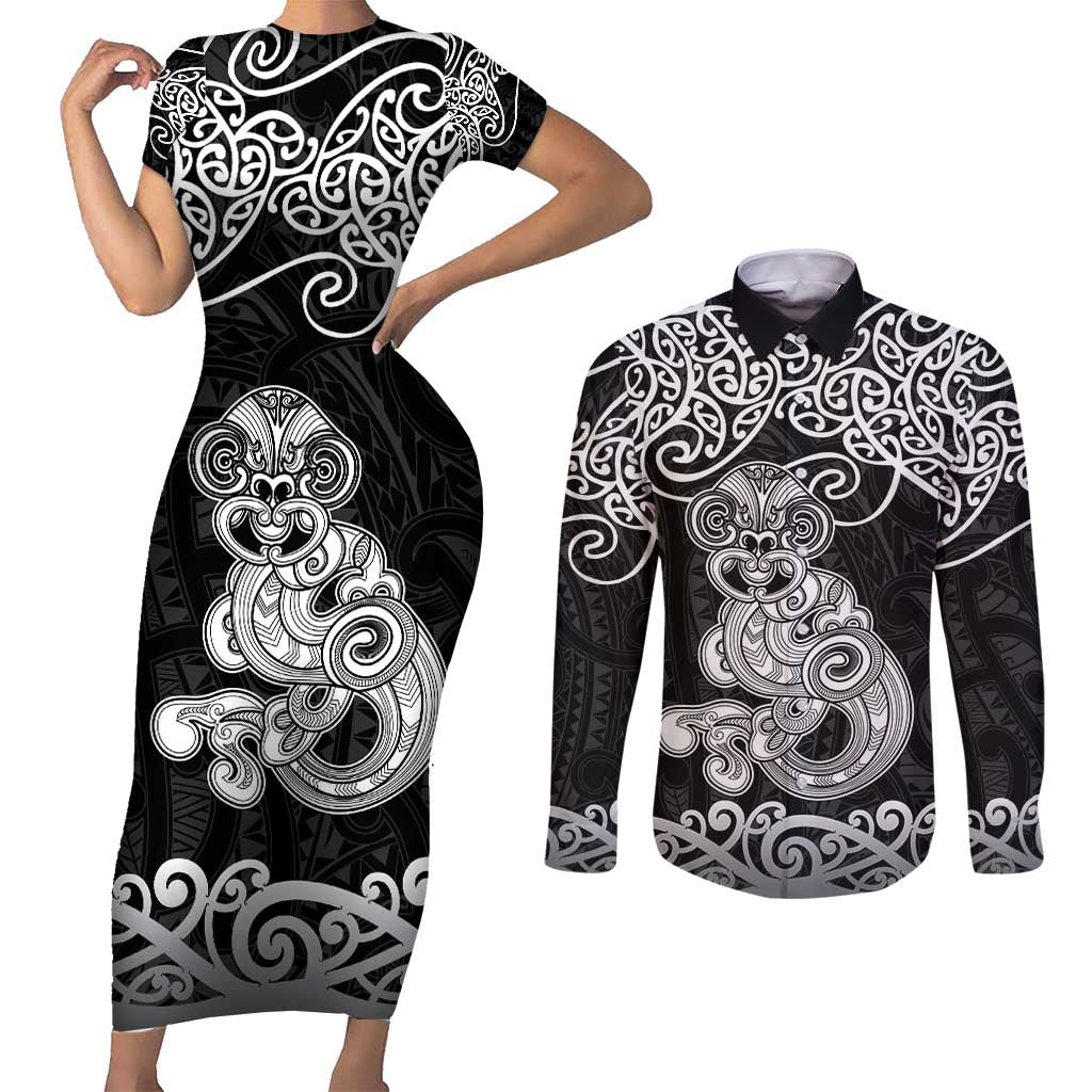 Te Reo Maori Tiki Inspired Art Couples Matching Short Sleeve Bodycon Dress and Long Sleeve Button Shirt LT9 Black - Polynesian Pride
