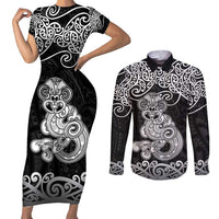 Te Reo Maori Tiki Inspired Art Couples Matching Short Sleeve Bodycon Dress and Long Sleeve Button Shirt LT9 Black - Polynesian Pride