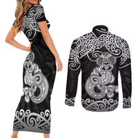 Te Reo Maori Tiki Inspired Art Couples Matching Short Sleeve Bodycon Dress and Long Sleeve Button Shirt LT9 - Polynesian Pride