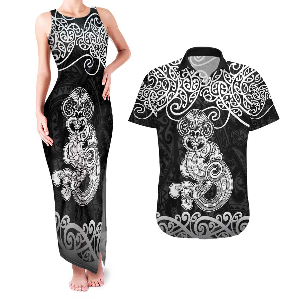 Te Reo Maori Tiki Inspired Art Couples Matching Tank Maxi Dress and Hawaiian Shirt LT9 Black - Polynesian Pride