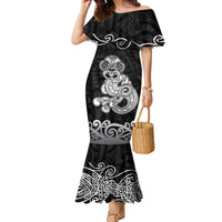 Te Reo Maori Tiki Inspired Art Family Matching Mermaid Dress and Hawaiian Shirt LT9 Mom's Dress Black - Polynesian Pride