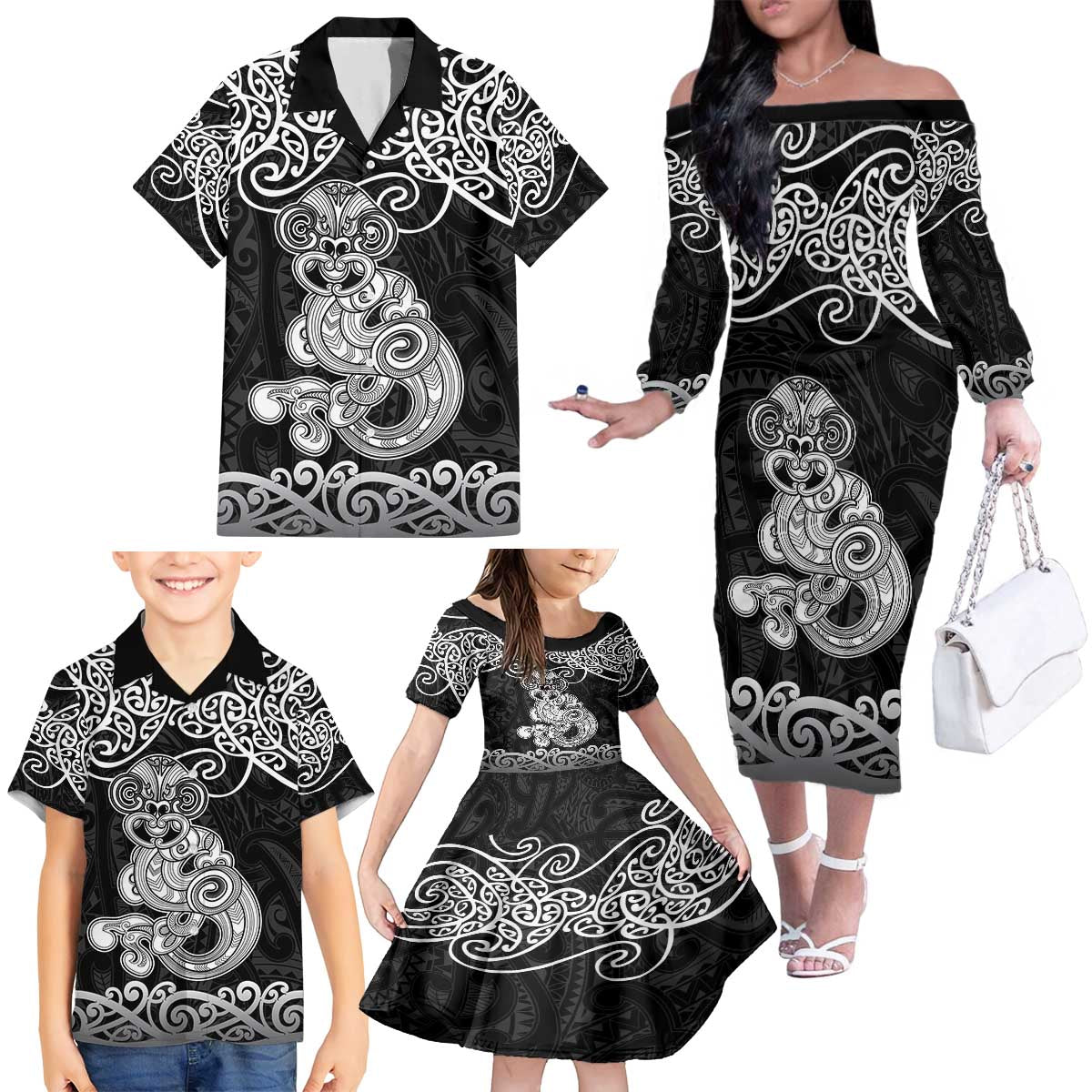 Te Reo Maori Tiki Inspired Art Family Matching Off The Shoulder Long Sleeve Dress and Hawaiian Shirt LT9 - Polynesian Pride