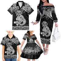 Te Reo Maori Tiki Inspired Art Family Matching Off The Shoulder Long Sleeve Dress and Hawaiian Shirt LT9 - Polynesian Pride