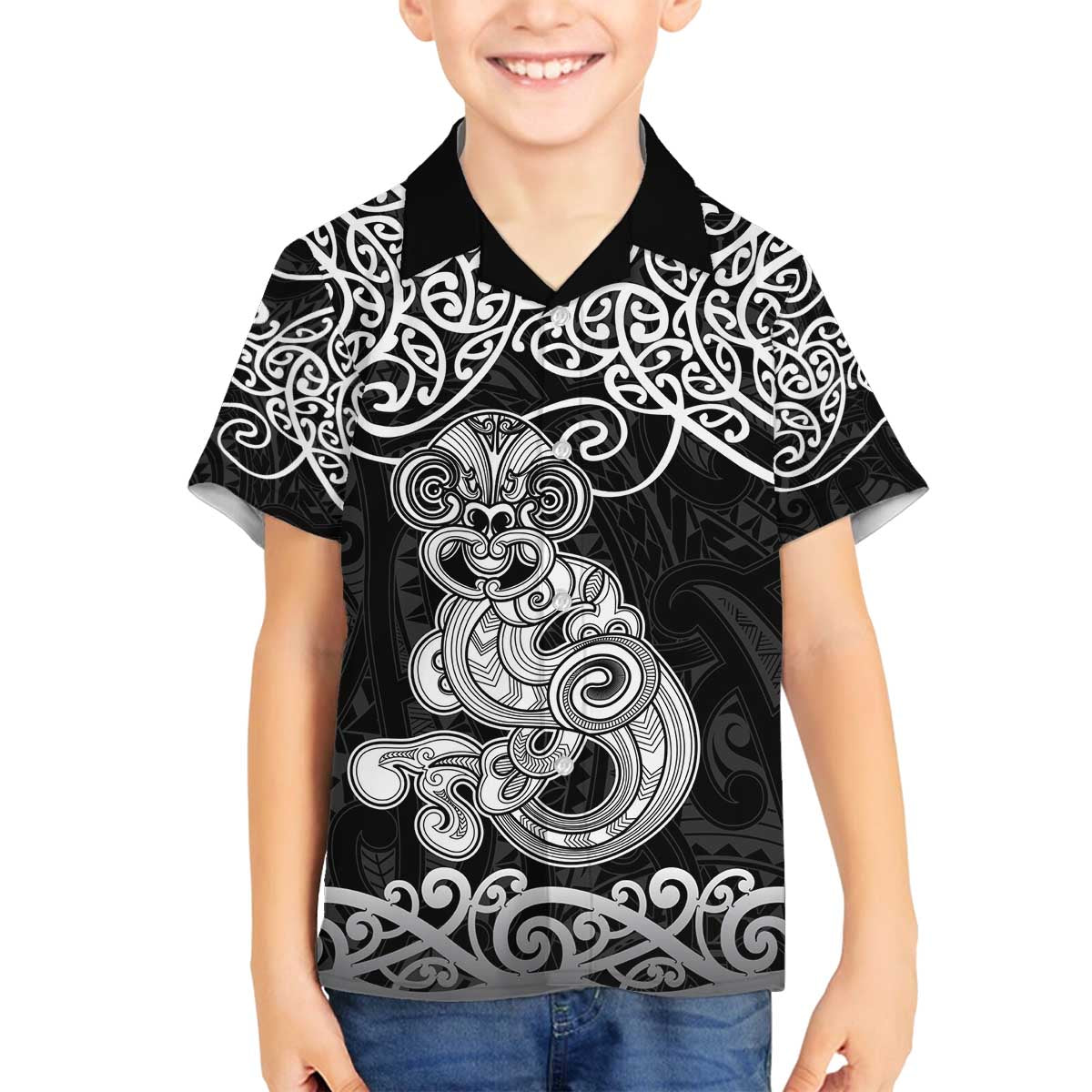 Te Reo Maori Tiki Inspired Art Family Matching Off The Shoulder Long Sleeve Dress and Hawaiian Shirt LT9 Son's Shirt Black - Polynesian Pride