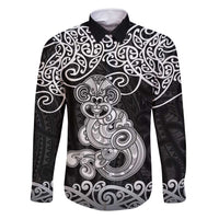 Te Reo Maori Tiki Inspired Art Family Matching Off Shoulder Short Dress and Hawaiian Shirt LT9 Dad's Shirt - Long Sleeve Black - Polynesian Pride