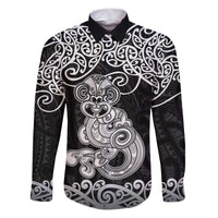 Te Reo Maori Tiki Inspired Art Family Matching Puletasi and Hawaiian Shirt LT9 Dad's Shirt - Long Sleeve Black - Polynesian Pride