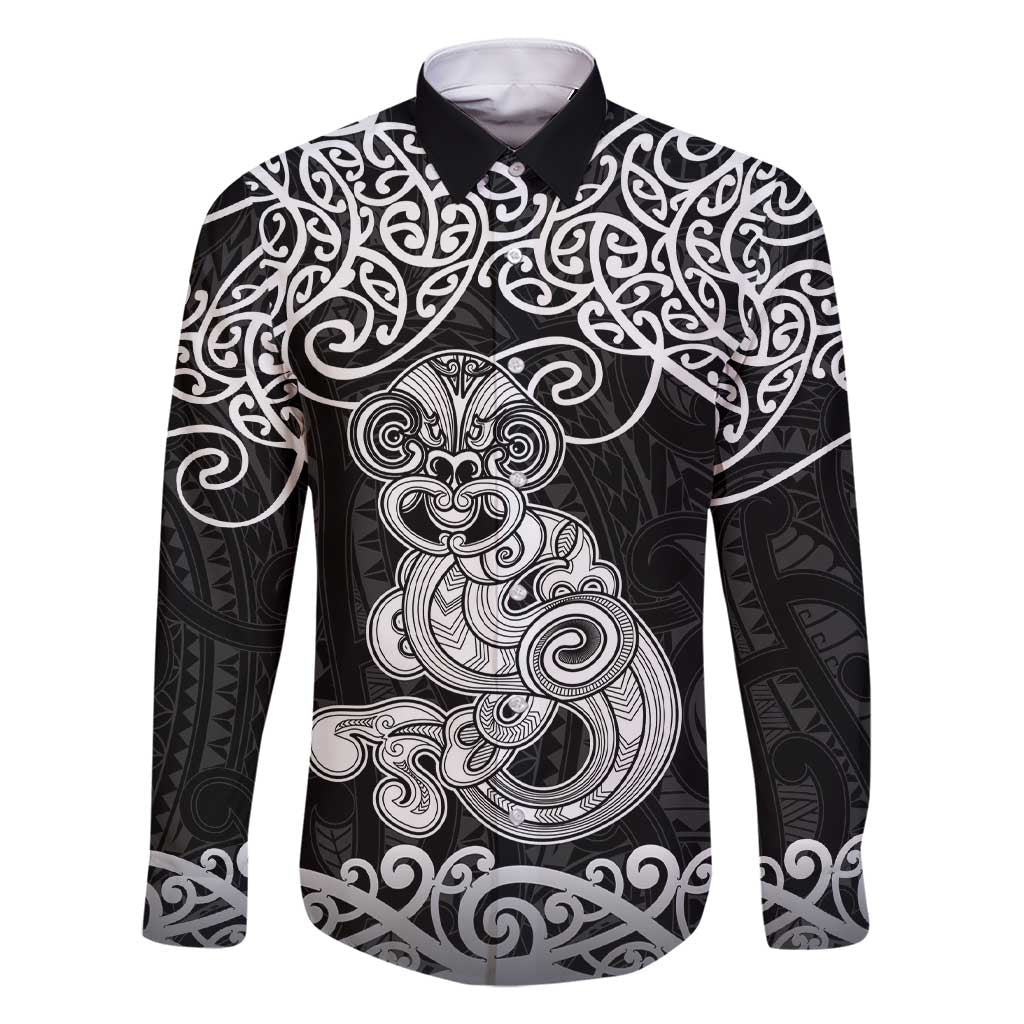 Te Reo Maori Tiki Inspired Art Family Matching Short Sleeve Bodycon Dress and Hawaiian Shirt LT9 Dad's Shirt - Long Sleeve Black - Polynesian Pride