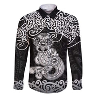 Te Reo Maori Tiki Inspired Art Family Matching Short Sleeve Bodycon Dress and Hawaiian Shirt LT9 Dad's Shirt - Long Sleeve Black - Polynesian Pride