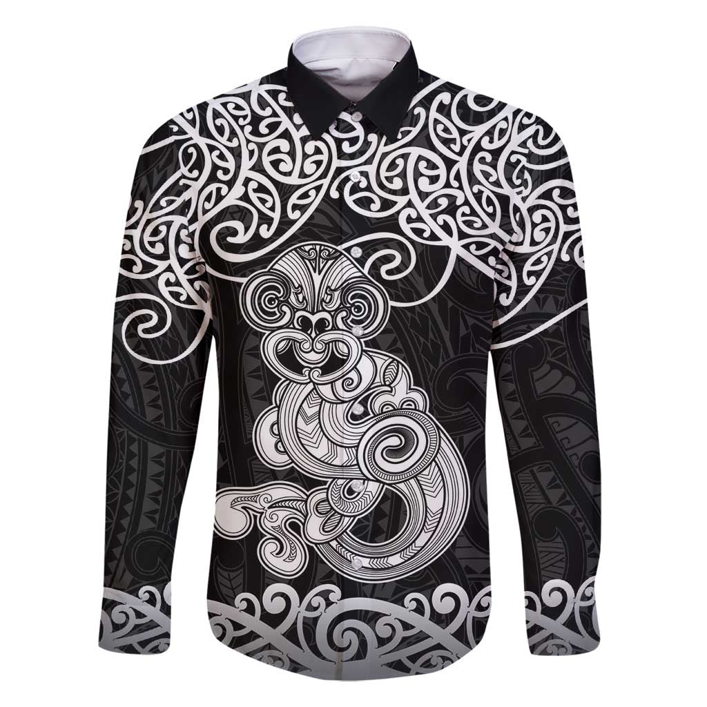Te Reo Maori Tiki Inspired Art Family Matching Summer Maxi Dress and Hawaiian Shirt LT9 Dad's Shirt - Long Sleeve Black - Polynesian Pride
