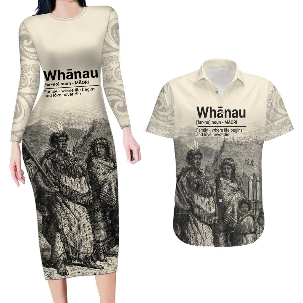 Whanau Maori Language Couples Matching Long Sleeve Bodycon Dress and Hawaiian Shirt Te Reo Maori Inspired Art LT9 Nude - Polynesian Pride