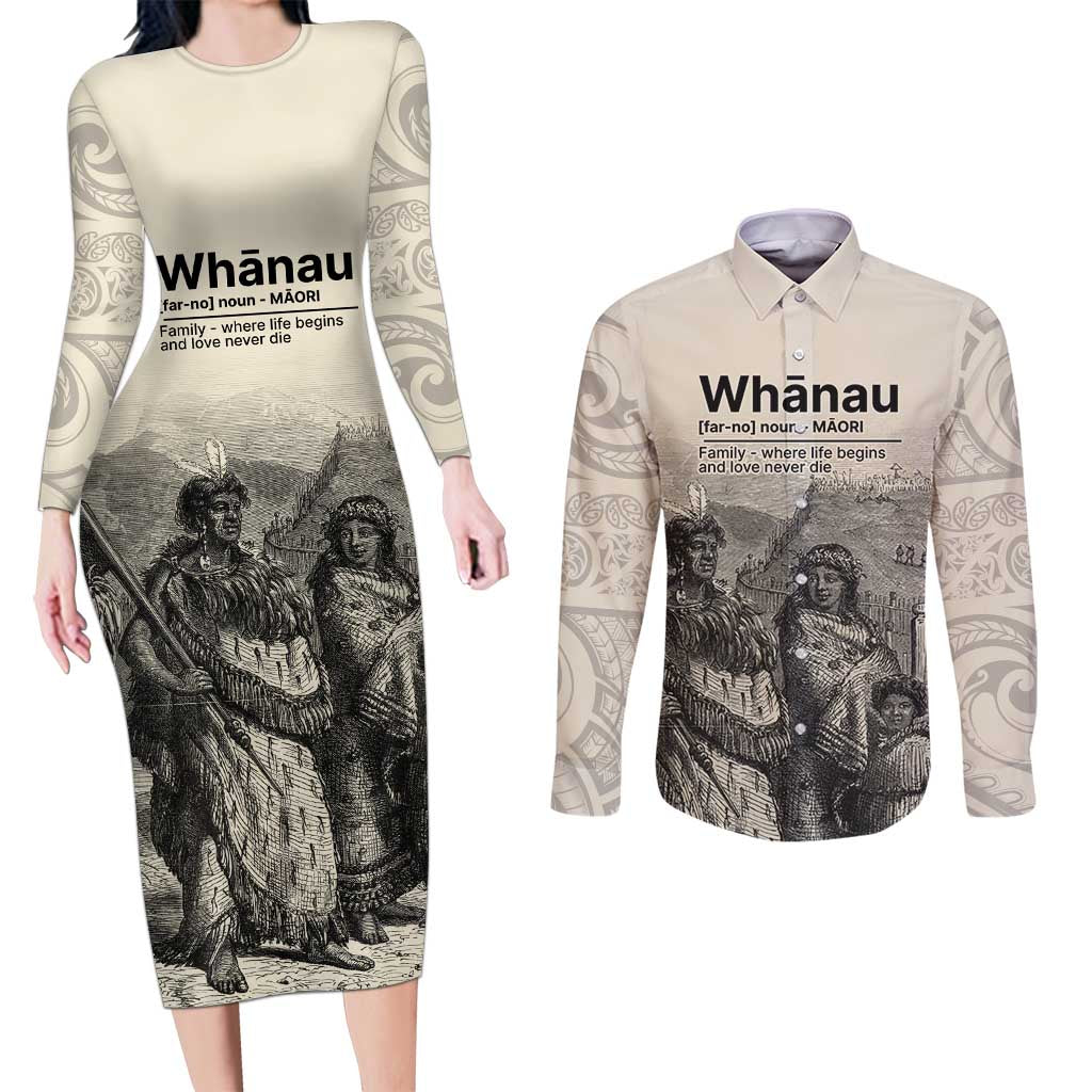 Whanau Maori Language Couples Matching Long Sleeve Bodycon Dress and Long Sleeve Button Shirt Te Reo Maori Inspired Art LT9 Nude - Polynesian Pride