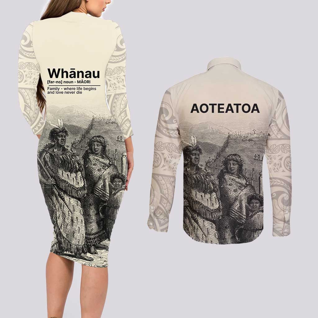 Whanau Maori Language Couples Matching Long Sleeve Bodycon Dress and Long Sleeve Button Shirt Te Reo Maori Inspired Art LT9 - Polynesian Pride