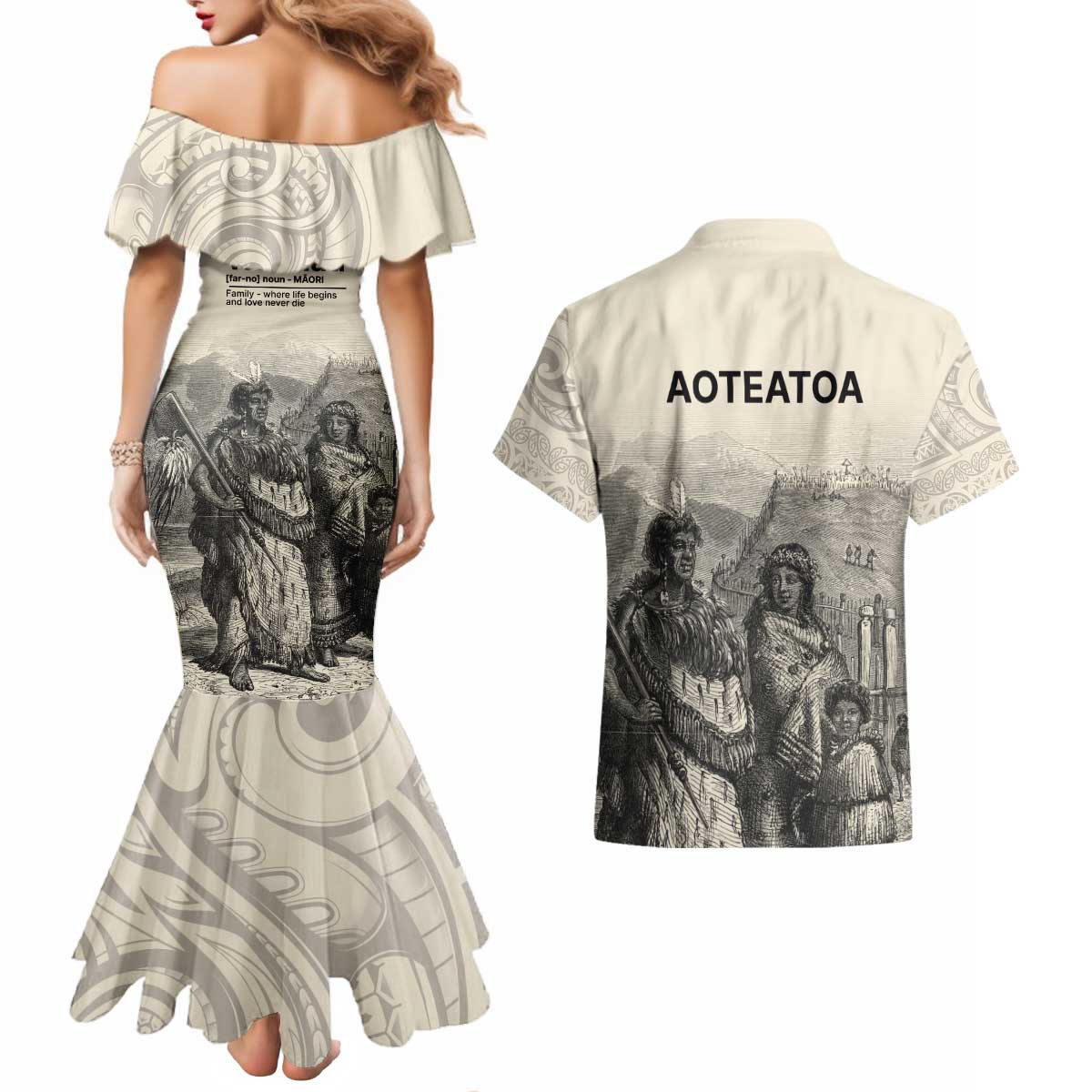 Whanau Maori Language Couples Matching Mermaid Dress and Hawaiian Shirt Te Reo Maori Inspired Art LT9 - Polynesian Pride