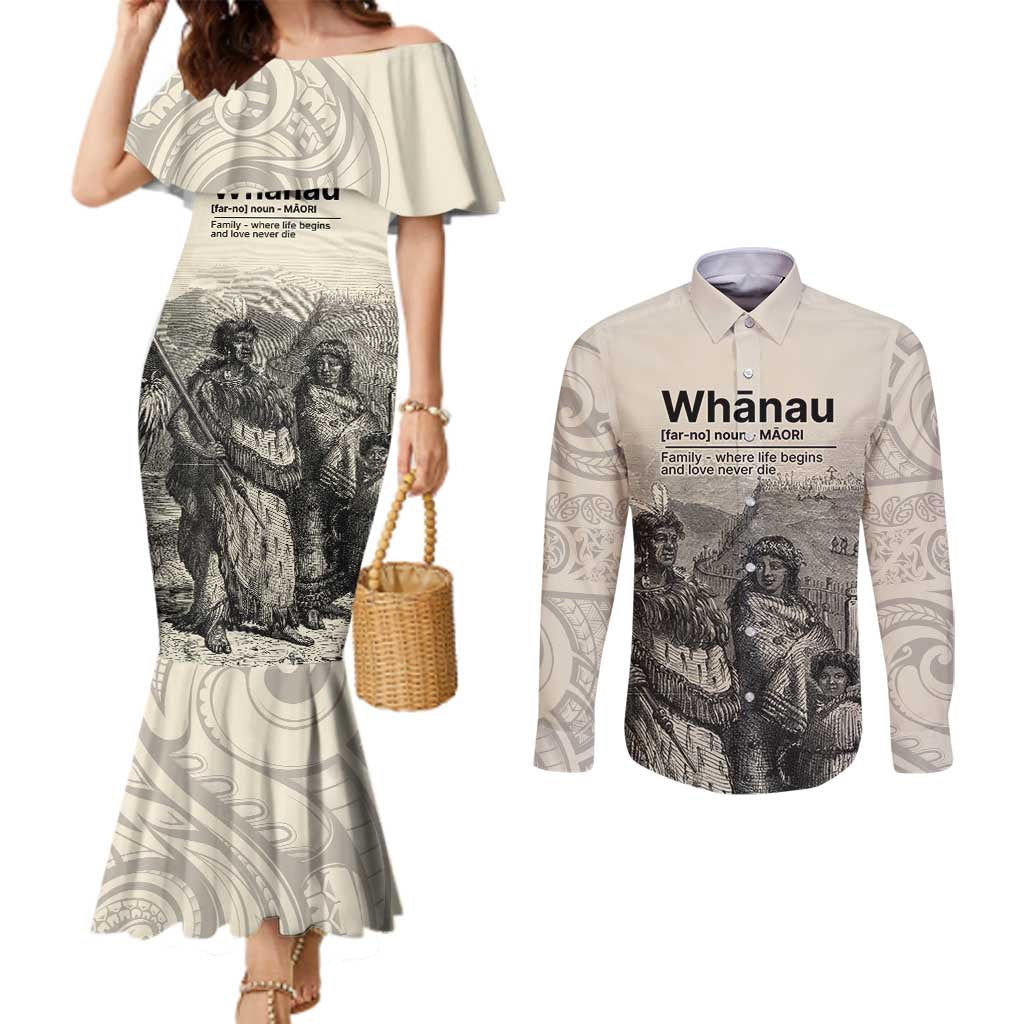 Whanau Maori Language Couples Matching Mermaid Dress and Long Sleeve Button Shirt Te Reo Maori Inspired Art LT9 Nude - Polynesian Pride