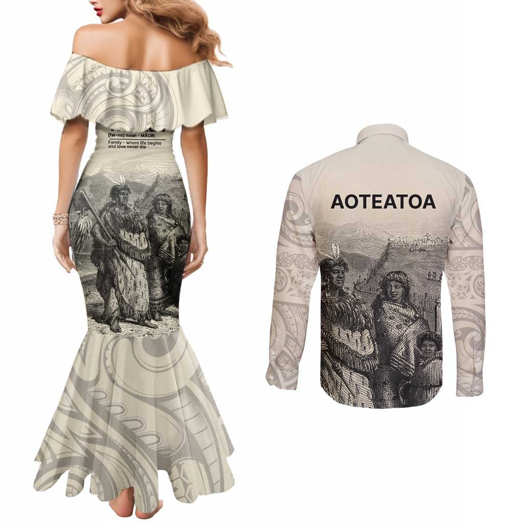 Whanau Maori Language Couples Matching Mermaid Dress and Long Sleeve Button Shirt Te Reo Maori Inspired Art LT9 - Polynesian Pride