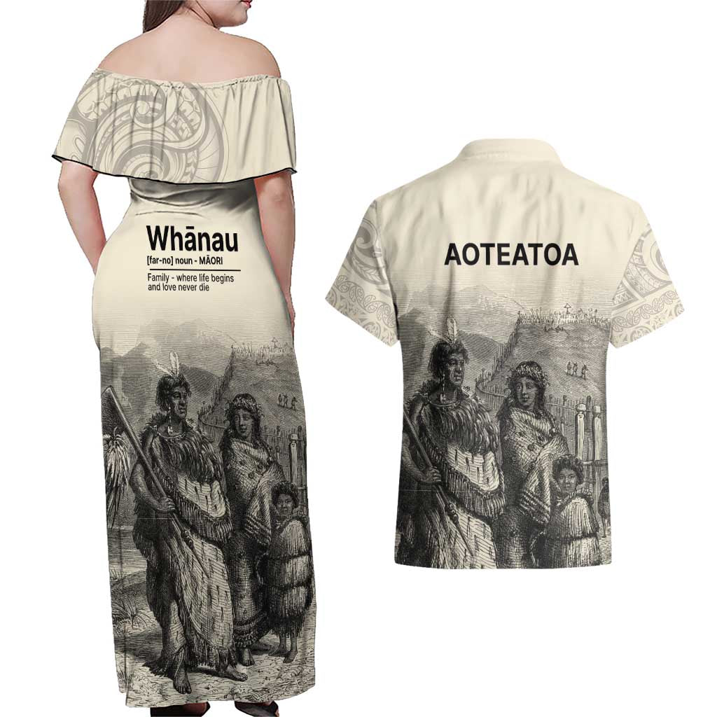 Whanau Maori Language Couples Matching Off Shoulder Maxi Dress and Hawaiian Shirt Te Reo Maori Inspired Art LT9 - Polynesian Pride