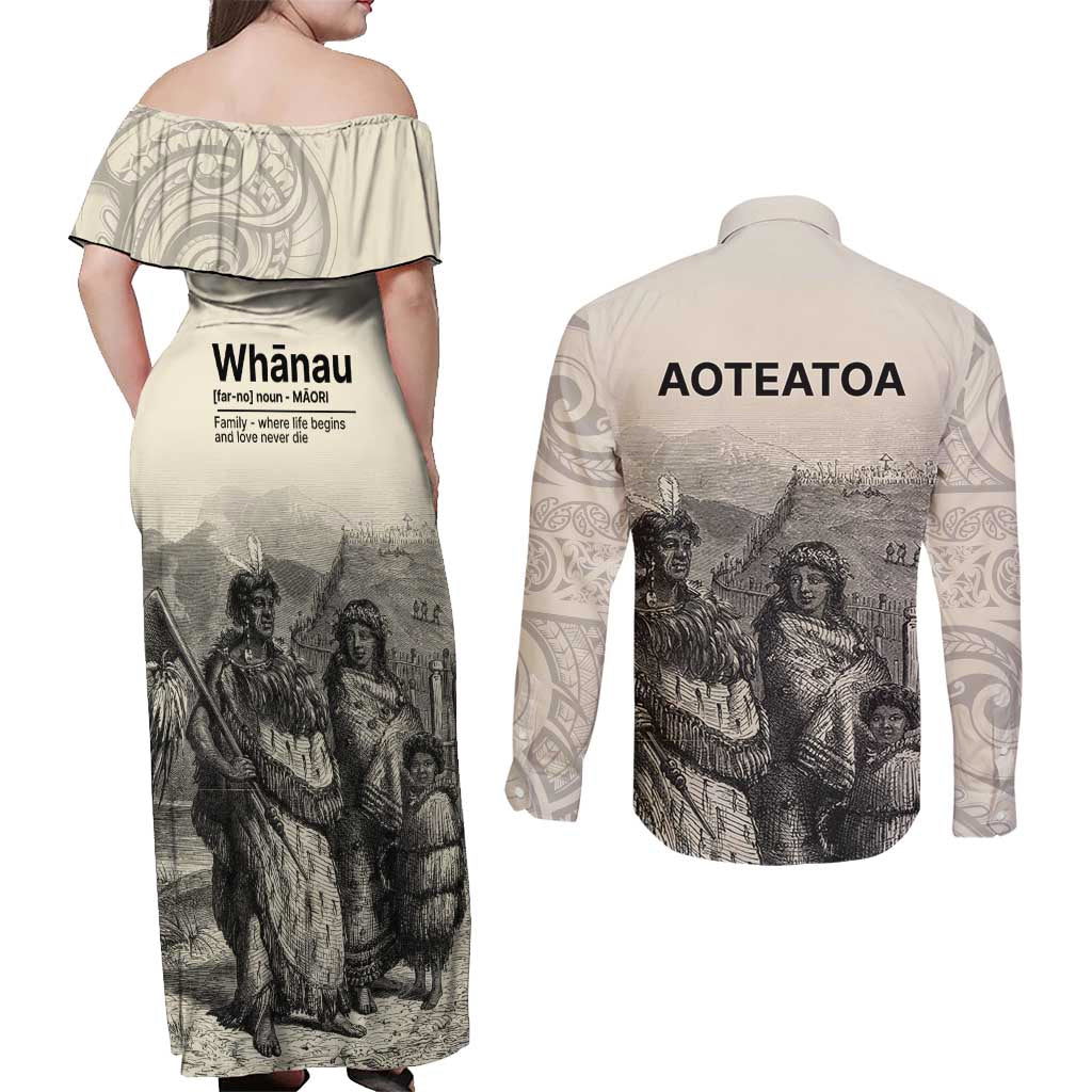 Whanau Maori Language Couples Matching Off Shoulder Maxi Dress and Long Sleeve Button Shirt Te Reo Maori Inspired Art LT9 - Polynesian Pride