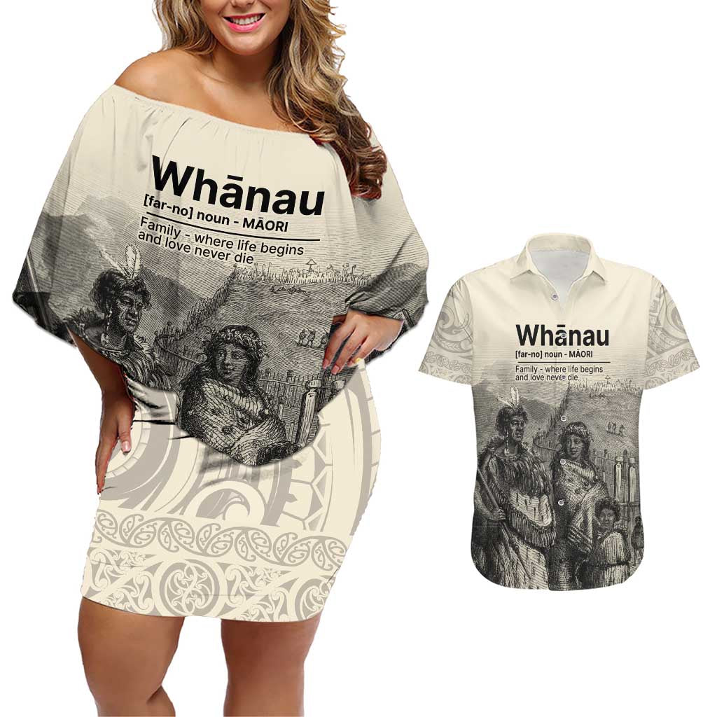 Whanau Maori Language Couples Matching Off Shoulder Short Dress and Hawaiian Shirt Te Reo Maori Inspired Art LT9 Nude - Polynesian Pride