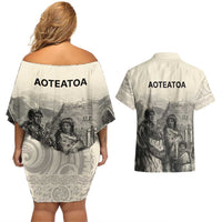 Whanau Maori Language Couples Matching Off Shoulder Short Dress and Hawaiian Shirt Te Reo Maori Inspired Art LT9 - Polynesian Pride