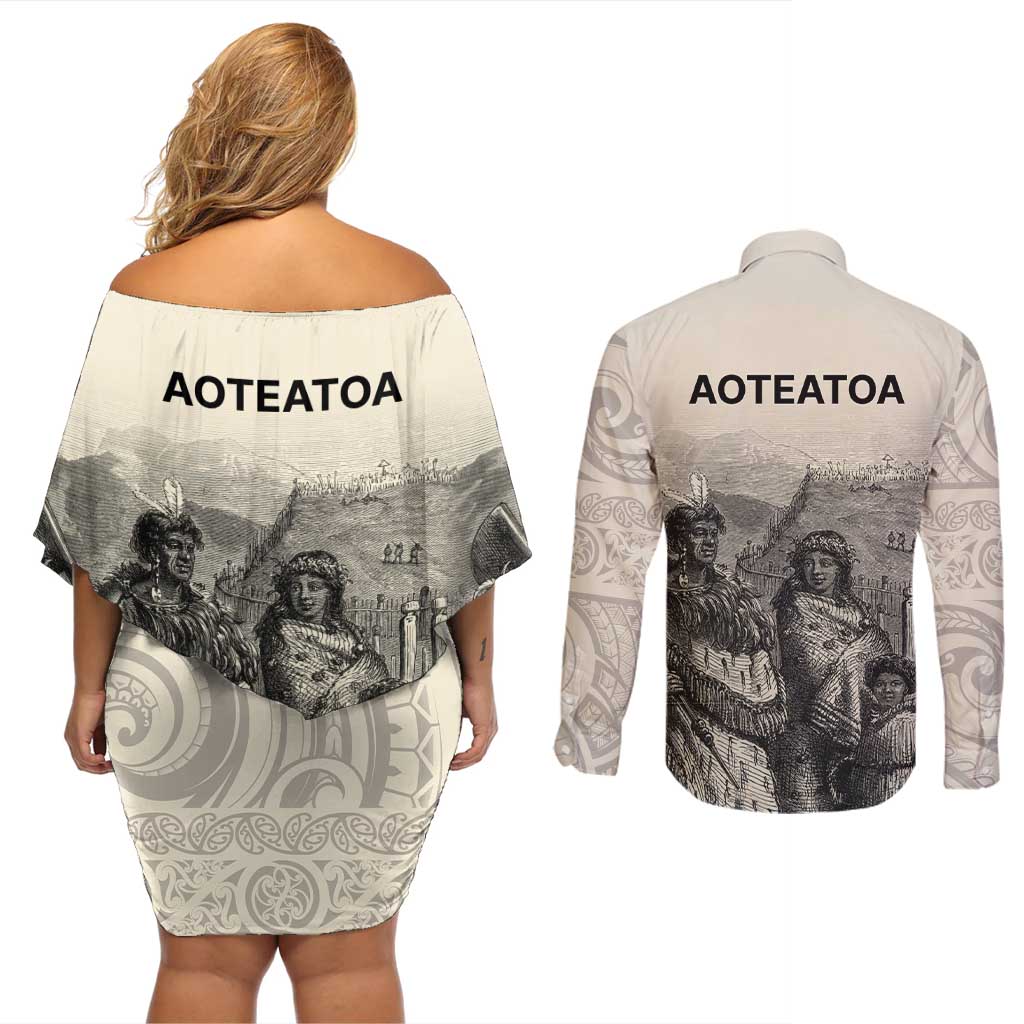 Whanau Maori Language Couples Matching Off Shoulder Short Dress and Long Sleeve Button Shirt Te Reo Maori Inspired Art LT9 - Polynesian Pride