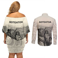 Whanau Maori Language Couples Matching Off Shoulder Short Dress and Long Sleeve Button Shirt Te Reo Maori Inspired Art LT9 - Polynesian Pride