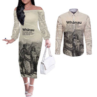 Whanau Maori Language Couples Matching Off The Shoulder Long Sleeve Dress and Long Sleeve Button Shirt Te Reo Maori Inspired Art LT9 Nude - Polynesian Pride