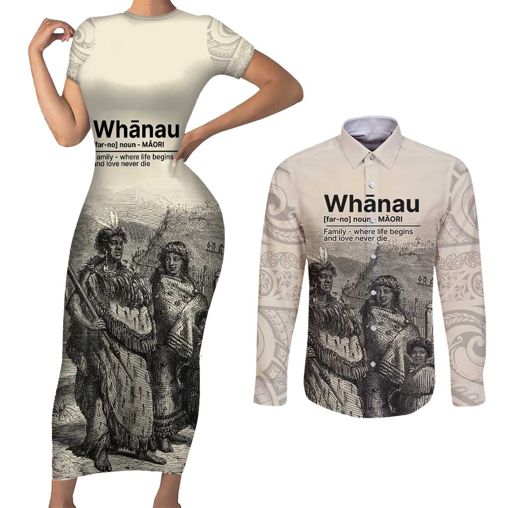 Whanau Maori Language Couples Matching Short Sleeve Bodycon Dress and Long Sleeve Button Shirt Te Reo Maori Inspired Art LT9 Nude - Polynesian Pride