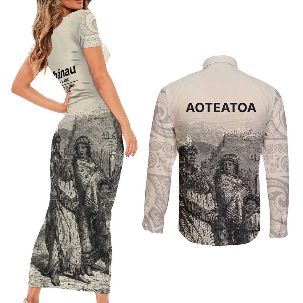 Whanau Maori Language Couples Matching Short Sleeve Bodycon Dress and Long Sleeve Button Shirt Te Reo Maori Inspired Art LT9 - Polynesian Pride