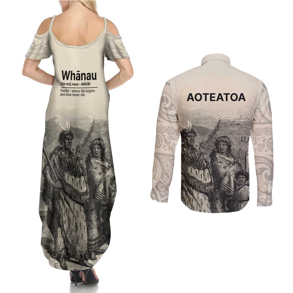 Whanau Maori Language Couples Matching Summer Maxi Dress and Long Sleeve Button Shirt Te Reo Maori Inspired Art LT9 - Polynesian Pride