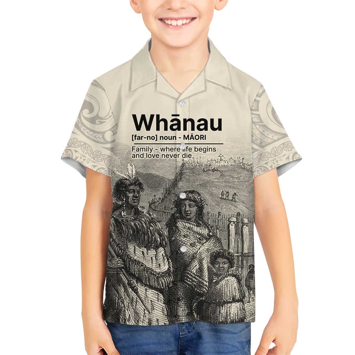 Whanau Maori Language Family Matching Puletasi and Hawaiian Shirt Te Reo Maori Inspired Art LT9 Son's Shirt Nude - Polynesian Pride