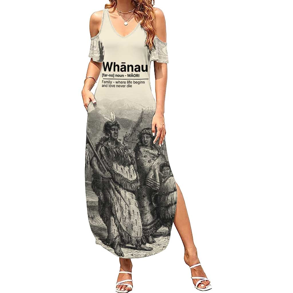 Whanau Maori Language Family Matching Summer Maxi Dress and Hawaiian Shirt Te Reo Maori Inspired Art LT9 Mom's Dress Nude - Polynesian Pride