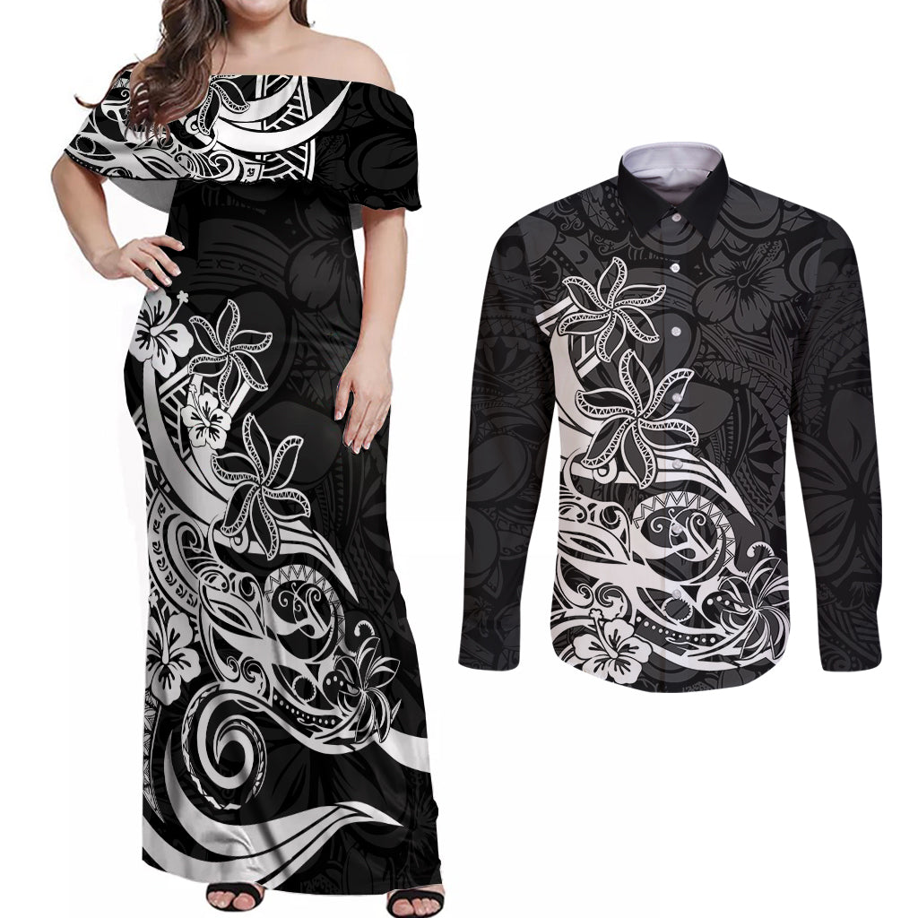 Polynesian Sunset Plumeria Couples Matching Off Shoulder Maxi Dress and Long Sleeve Button Shirts Pacific Island Tribal Black Style LT9 Black - Polynesian Pride