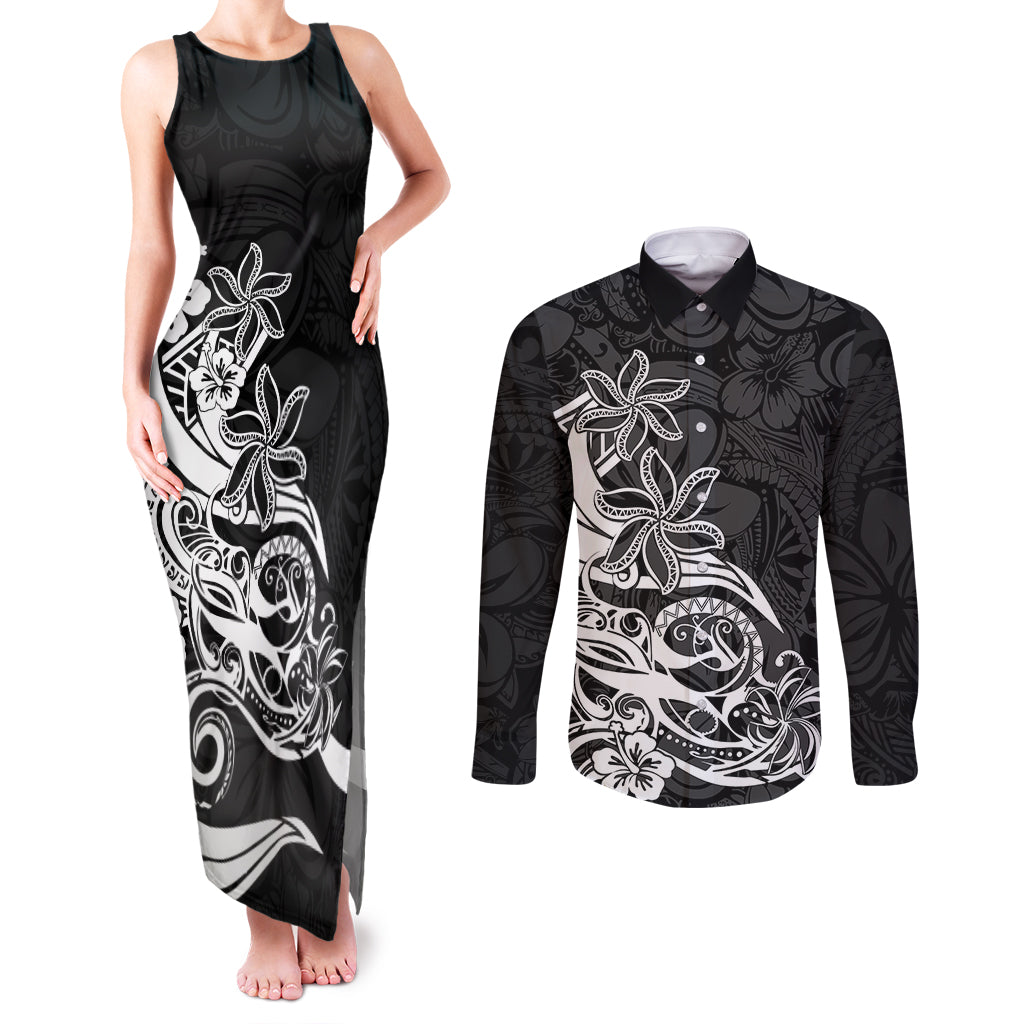 Polynesian Sunset Plumeria Couples Matching Tank Maxi Dress and Long Sleeve Button Shirts Pacific Island Tribal Black Style LT9 Black - Polynesian Pride