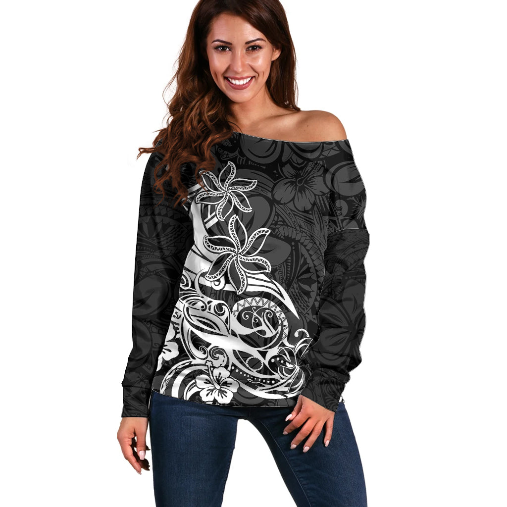 Polynesian Sunset Plumeria Off Shoulder Sweater Pacific Island Tribal Black Style LT9 Women Black - Polynesian Pride