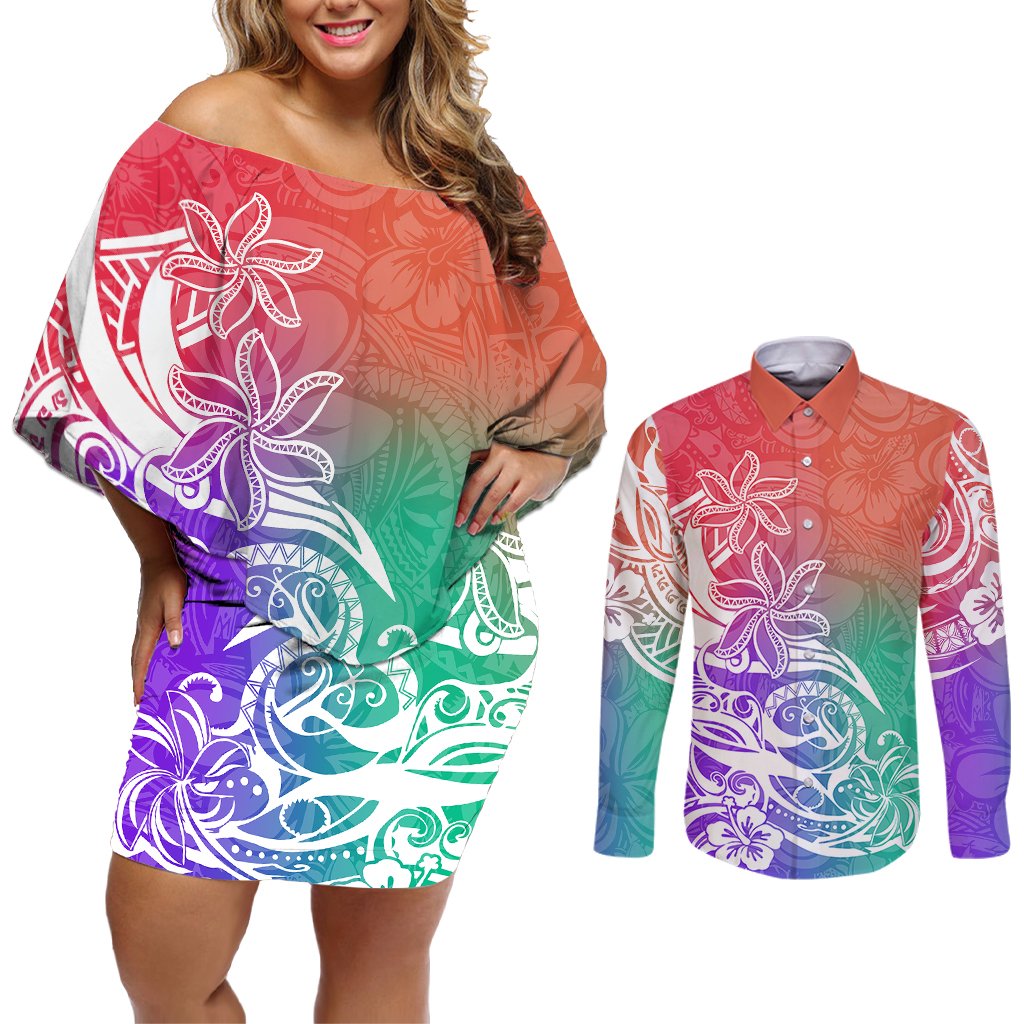 Polynesian Sunset Plumeria Couples Matching Off Shoulder Short Dress and Long Sleeve Button Shirts Pacific Island Tribal Blossom Style LT9 Blossom - Polynesian Pride