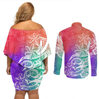 Polynesian Sunset Plumeria Couples Matching Off Shoulder Short Dress and Long Sleeve Button Shirts Pacific Island Tribal Blossom Style LT9 - Polynesian Pride