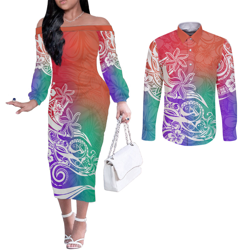 Polynesian Sunset Plumeria Couples Matching Off The Shoulder Long Sleeve Dress and Long Sleeve Button Shirts Pacific Island Tribal Blossom Style LT9 Blossom - Polynesian Pride
