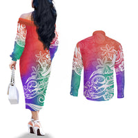 Polynesian Sunset Plumeria Couples Matching Off The Shoulder Long Sleeve Dress and Long Sleeve Button Shirts Pacific Island Tribal Blossom Style LT9 - Polynesian Pride