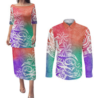 Polynesian Sunset Plumeria Couples Matching Puletasi Dress and Long Sleeve Button Shirts Pacific Island Tribal Blossom Style LT9 Blossom - Polynesian Pride